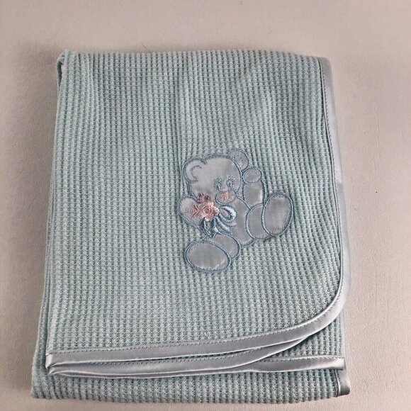 Waffle Weave Blanket Teddy Bear Nursery Lovey Satin Trim 27"x30" Vintage Sears